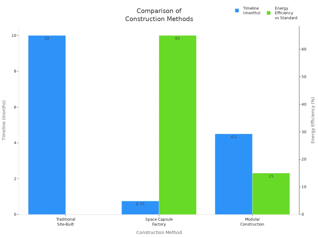 Bar chart comparing timeline and energy efficiency of traditional, space capsule, and modular construction methods