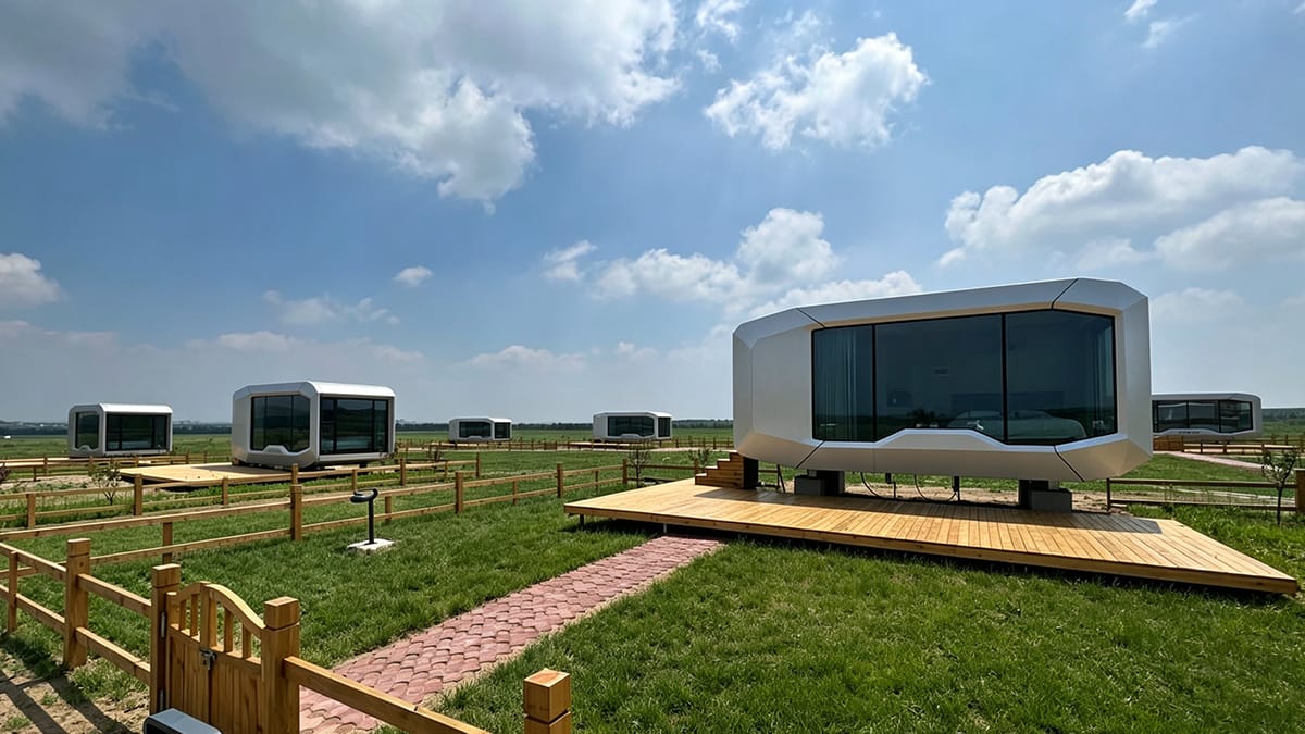 Capsule-style units arranged across a landscaped outdoor site