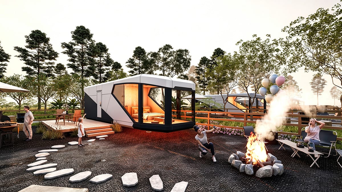 Capsule-style units in a landscaped outdoor setting