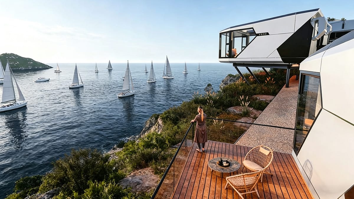 Modern capsule-style unit in an exposed outdoor setting
