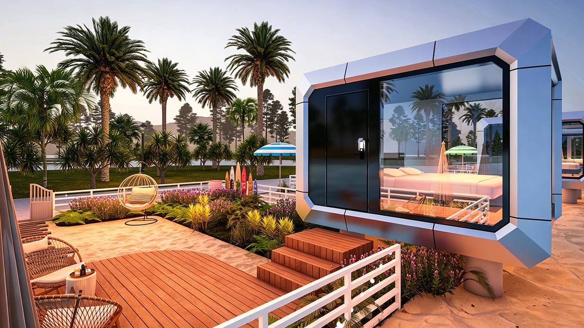 Compact capsule-style unit beside a landscaped deck